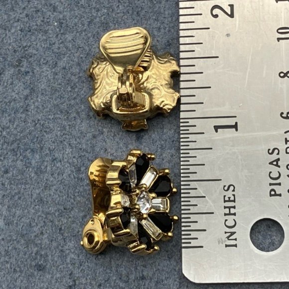 1928 Clip On Earrings Black Gold Rhinestone Star Flower Asterisk Vintage Retro - Picture 7 of 7